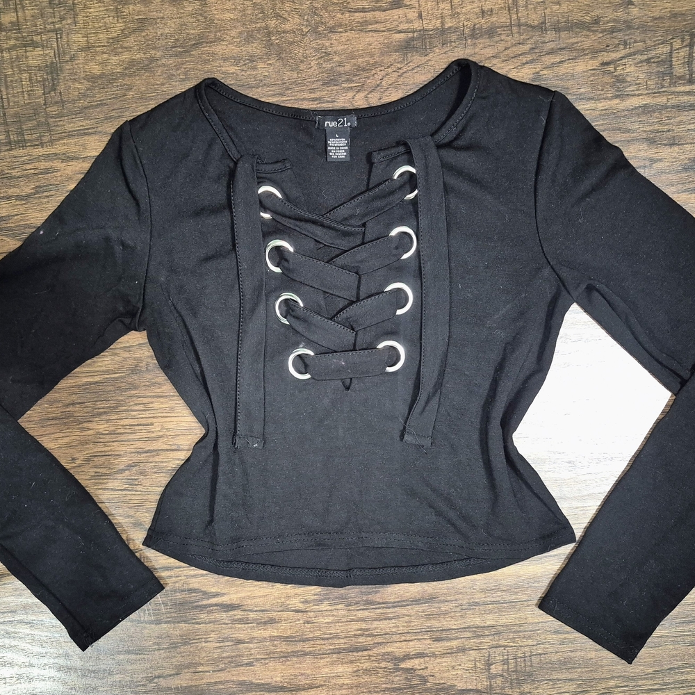 Rue 21 Black Lace-Up Long Sleeve Top